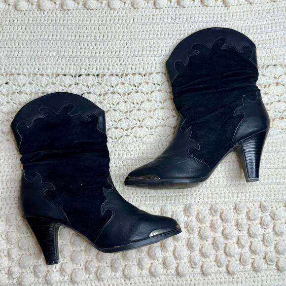 VINTAGE NEDWEST Women's Size 8 Slouchy Leather Heeled Cowgirl Boots Black Flames - Picture 6 of 14